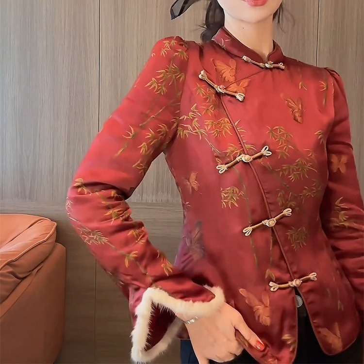 チャイナ服 蝶々刺繍入りチャイナ風ブラウス