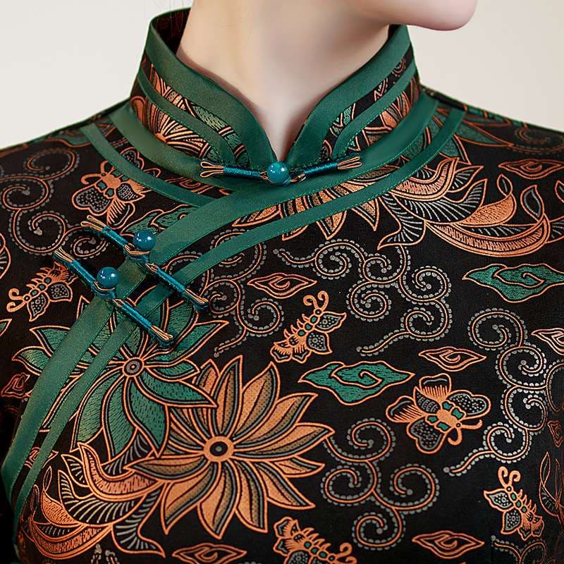 花柄刺繍入り七分袖ロング丈チャイナドレス