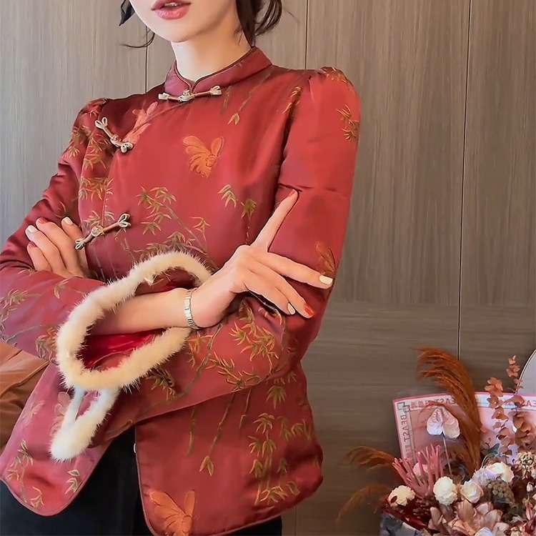 チャイナ服 蝶々刺繍入りチャイナ風ブラウス