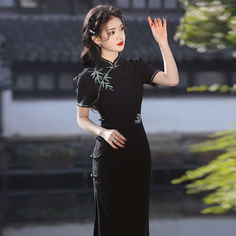 チャイナ服  竹柄刺繍入りチャイナドレス