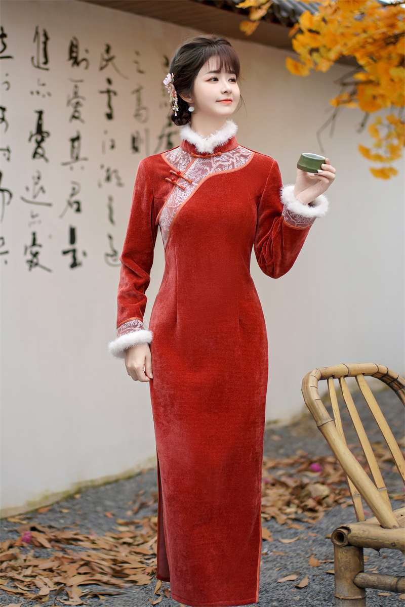 チャイナ服 花飾り付き秋冬チャイナドレス