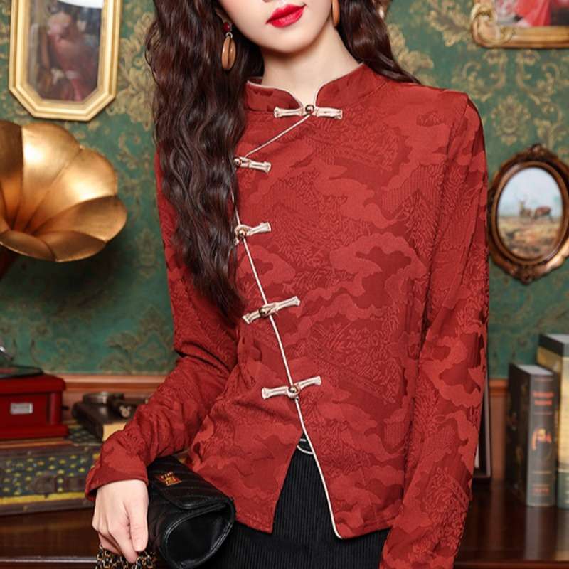 チャイナ服　花柄ジャガード織り長袖チャイナボタンシャツ