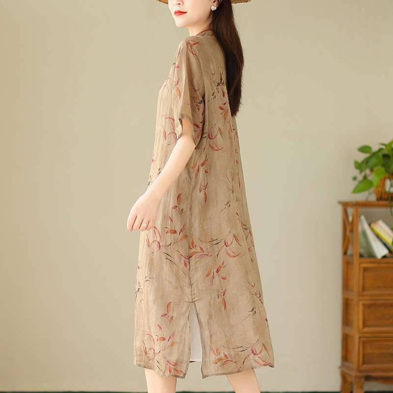 チャイナ服  花柄刺繍チャイナカラーリネンワンピース