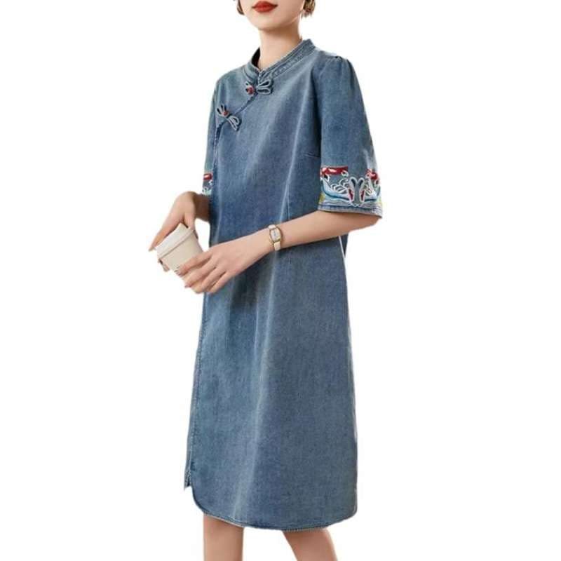 チャイナ服  デニム風チャイナカラー刺繍ワンピース