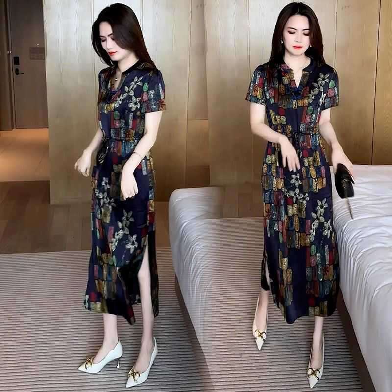 チャイナ服  花柄プリントチャイナ風ロングワンピース