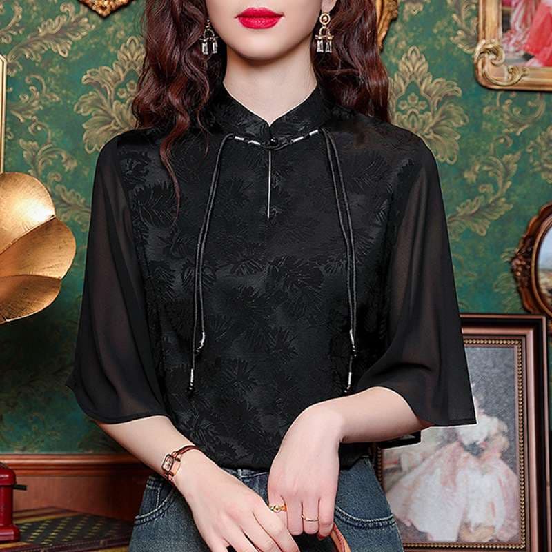 チャイナ服 花柄刺繍入り比翼仕立てチャイナ襟ブラウス