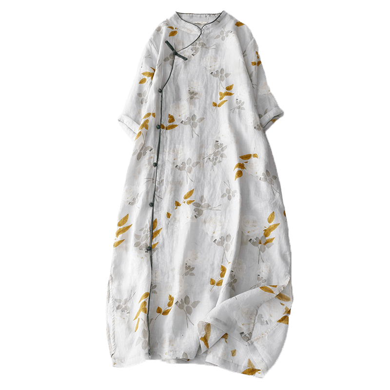 チャイナ服  涼やか草花柄チャイナカラーワンピース