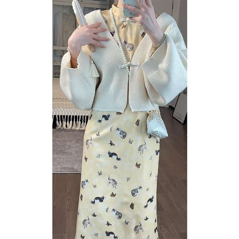 チャイナ服  ネコ柄チャイナ風ワンピース