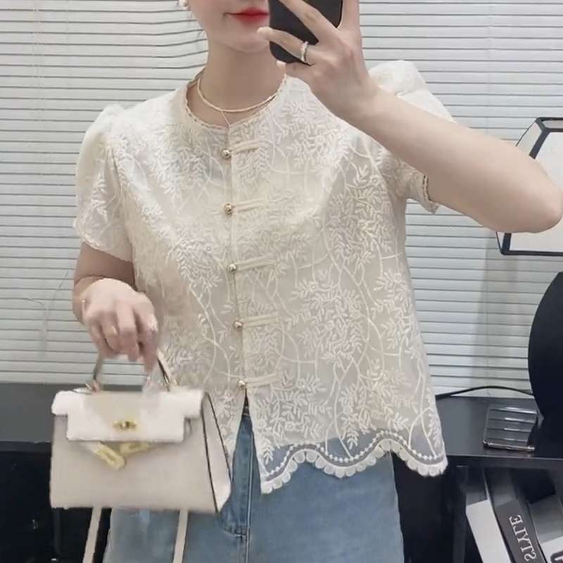 チャイナ服  レース刺繍チャイナ風半袖ブラウス