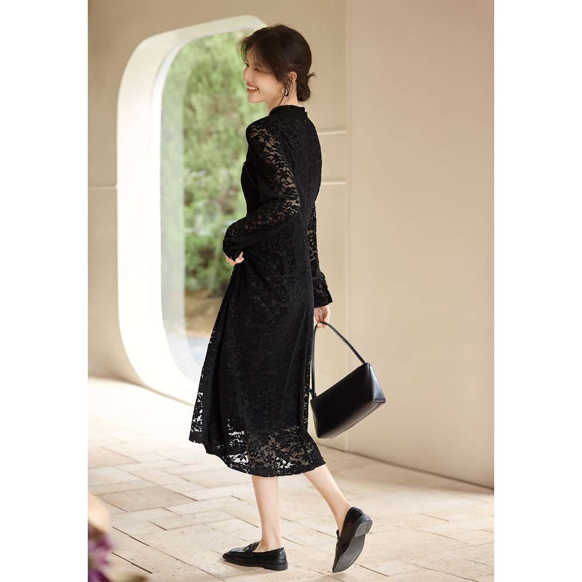 総レース仕立て七分袖チャイナ風ワンピース