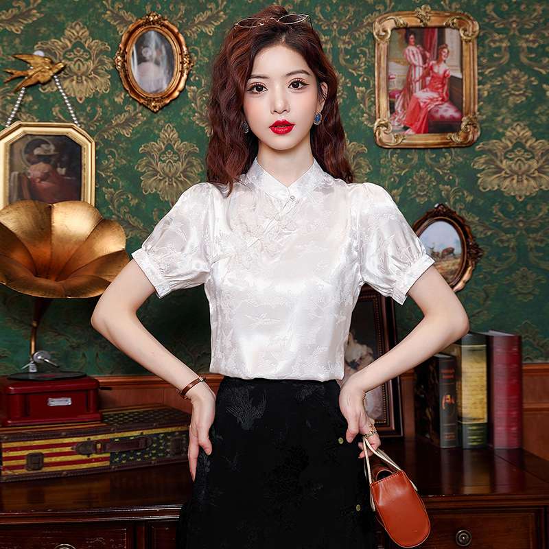 チャイナ服  チャイナ風シルク調半袖ブラウス