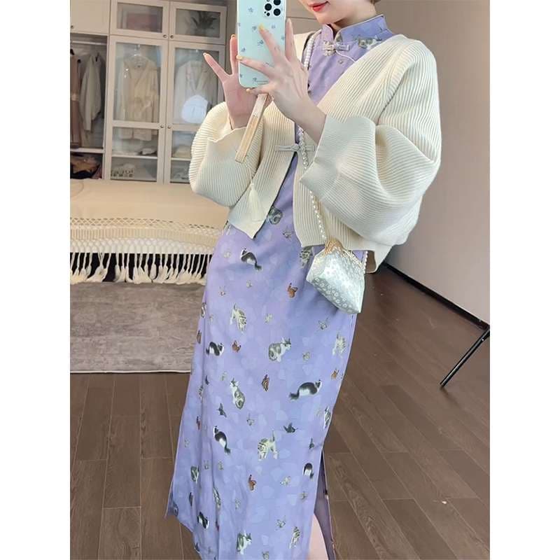 チャイナ服  ネコ柄チャイナ風ワンピース