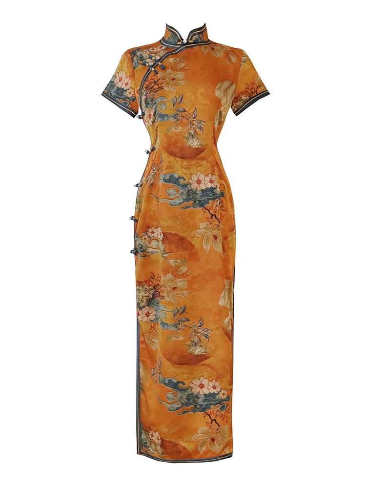 チャイナ服 花鳥図柄入りロング丈チャイナドレス