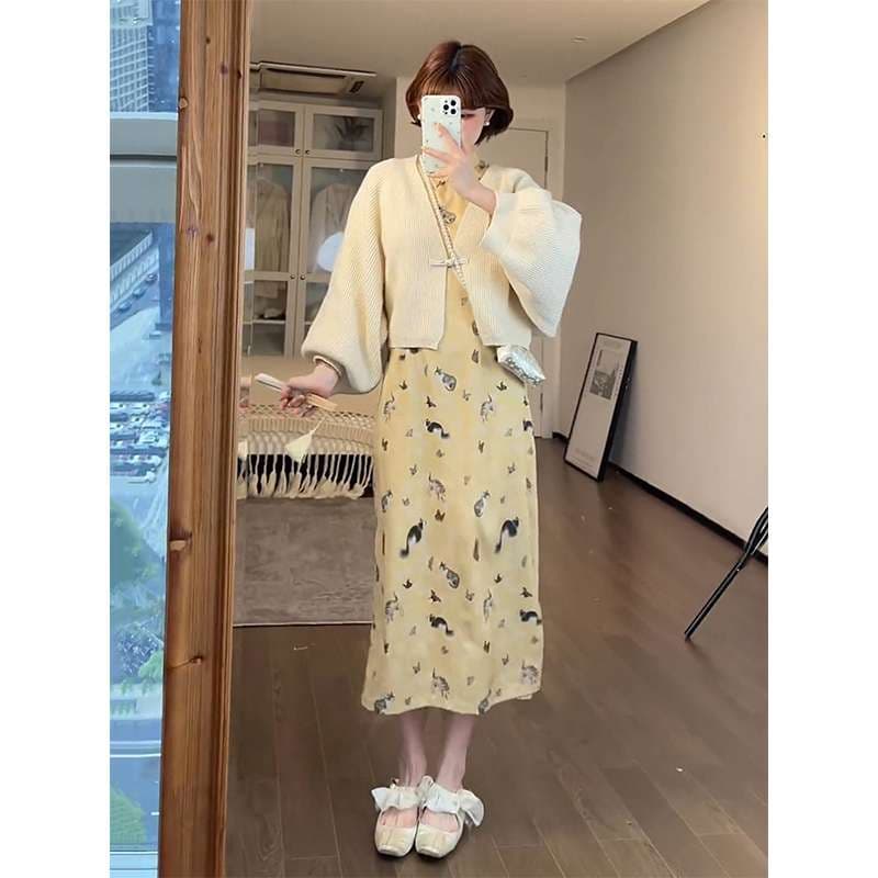 チャイナ服  ネコ柄チャイナ風ワンピース