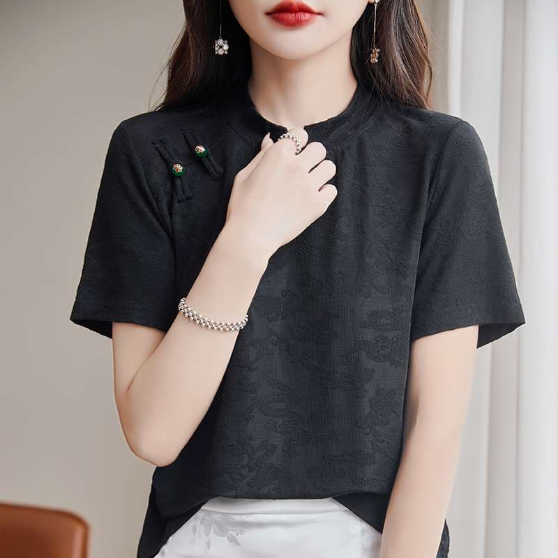 チャイナ服  チャイナ風刺繍入り半袖ブラウス