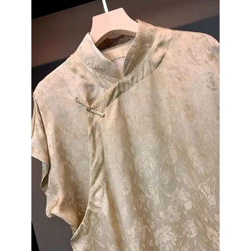 チャイナ服  刺繍入りチャイナカラー半袖ブラウス