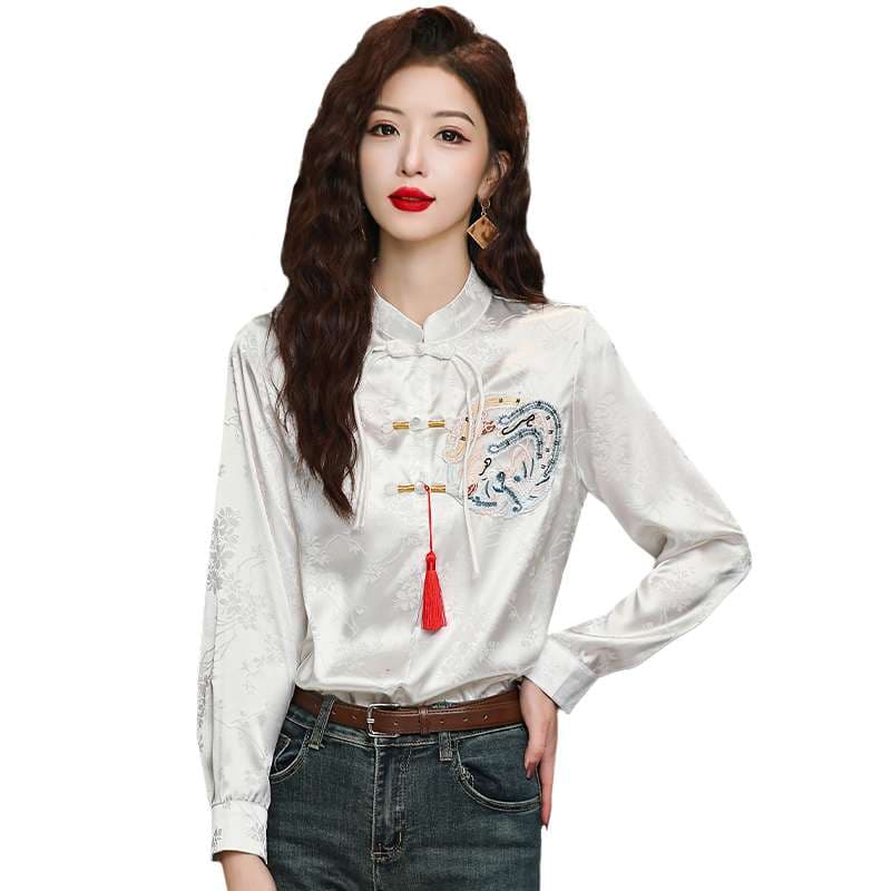 チャイナ服  チャイナ風刺繍入り長袖ブラウス