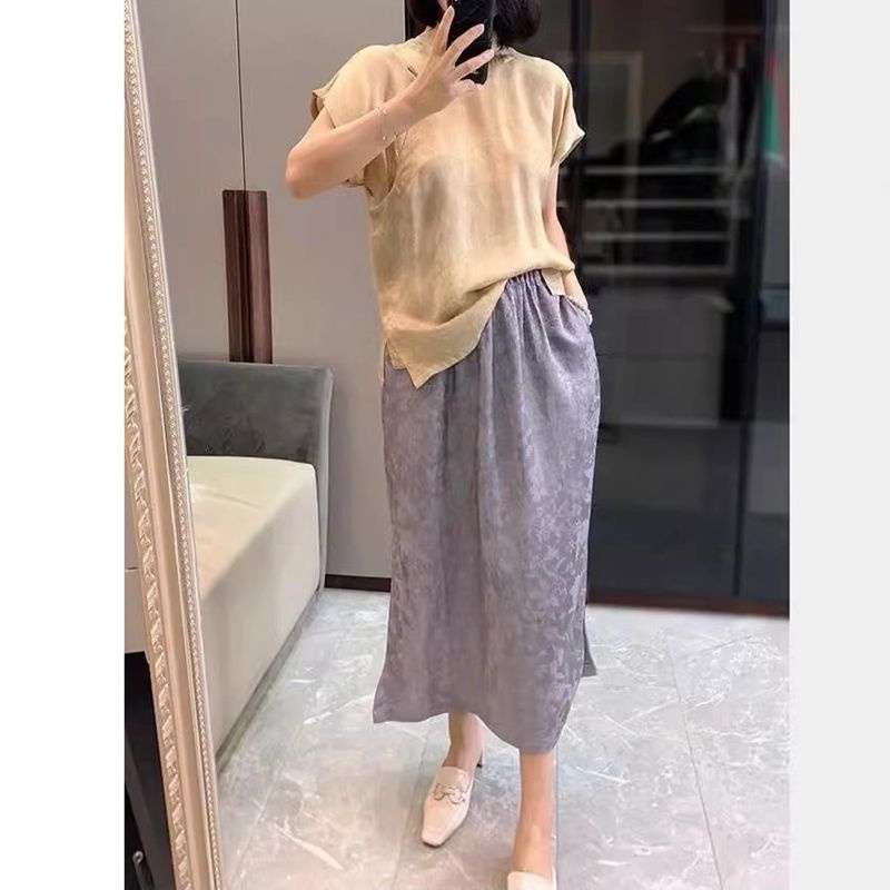 チャイナ服  刺繍入りチャイナカラー半袖ブラウス