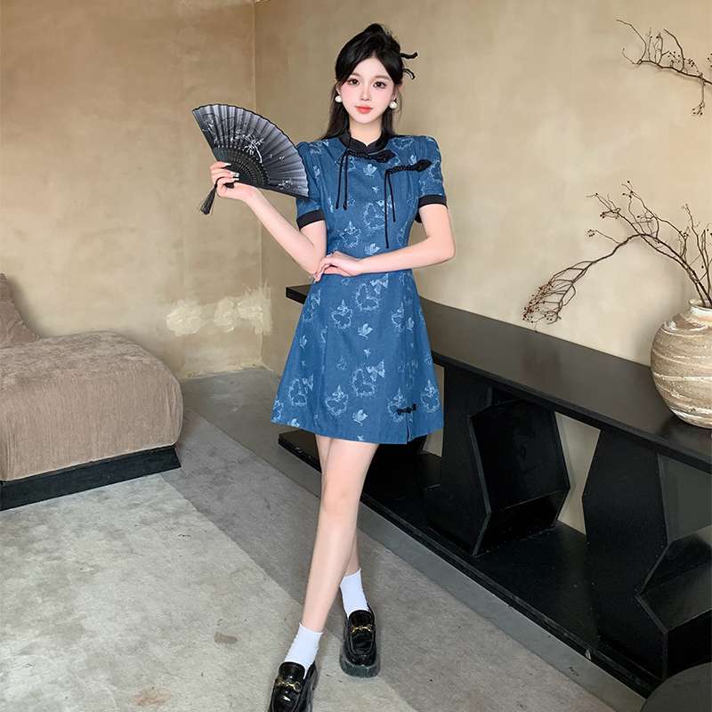 チャイナ服  蝶柄チャイナカラーワンピース