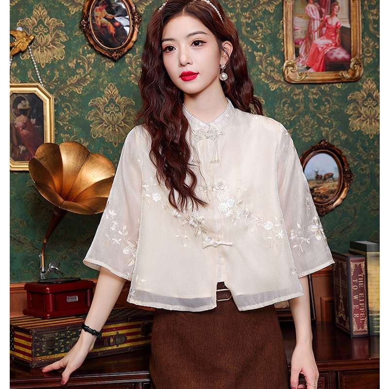 チャイナ服  花柄刺繍入りシースルーチャイナブラウス