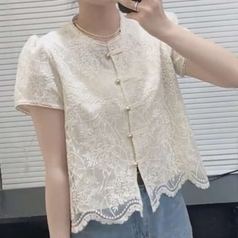 チャイナ服  レース刺繍チャイナ風半袖ブラウス