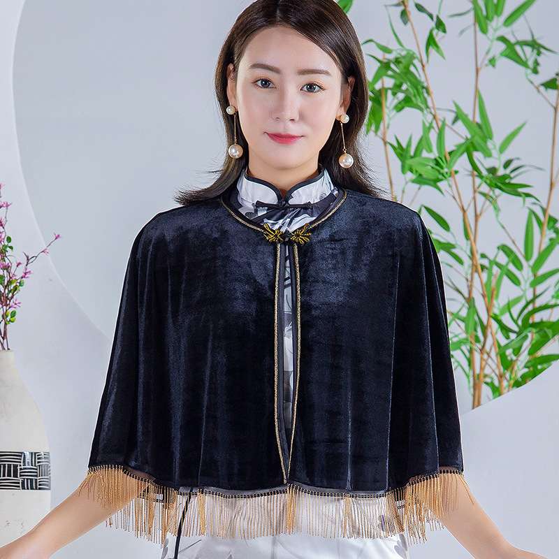 チャイ穴服 光沢別珍生地のチャイナ風ショートケープジャケット