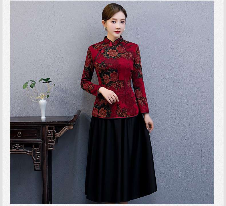 チャイナ服 花柄刺繍チャイナカラーブラウス