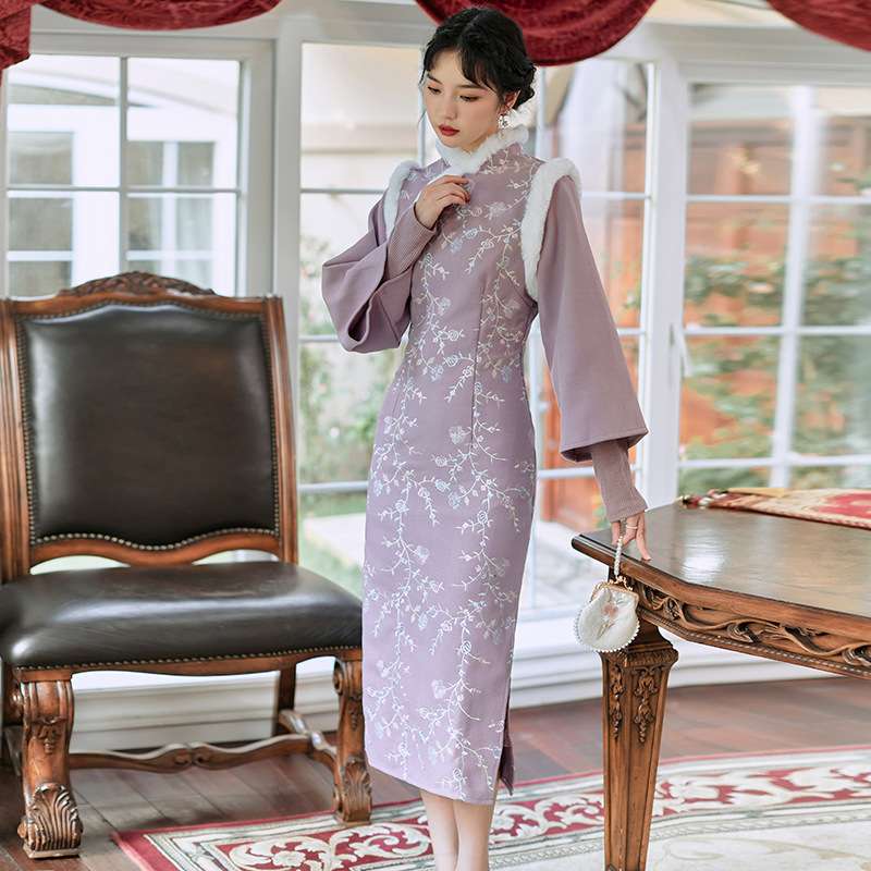チャイナ服 花刺繍入りチャイナ風ワンピース