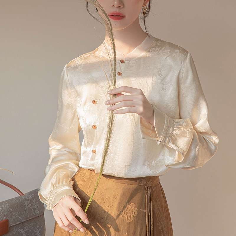 チャイナ服  花柄刺繍入りシルク調マオカラーシャツ