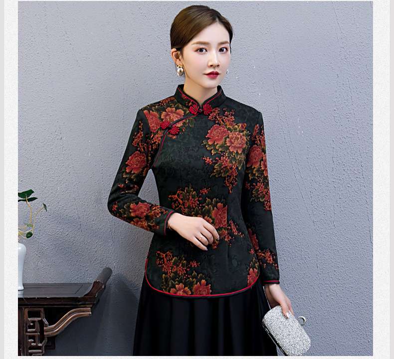 チャイナ服 花柄刺繍チャイナカラーブラウス