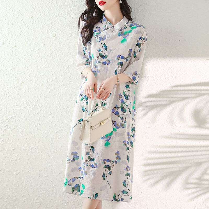チャイナ服  涼感フラワーシフォンワンピース