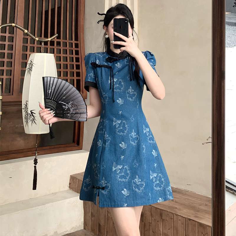 チャイナ服  蝶柄チャイナカラーワンピース