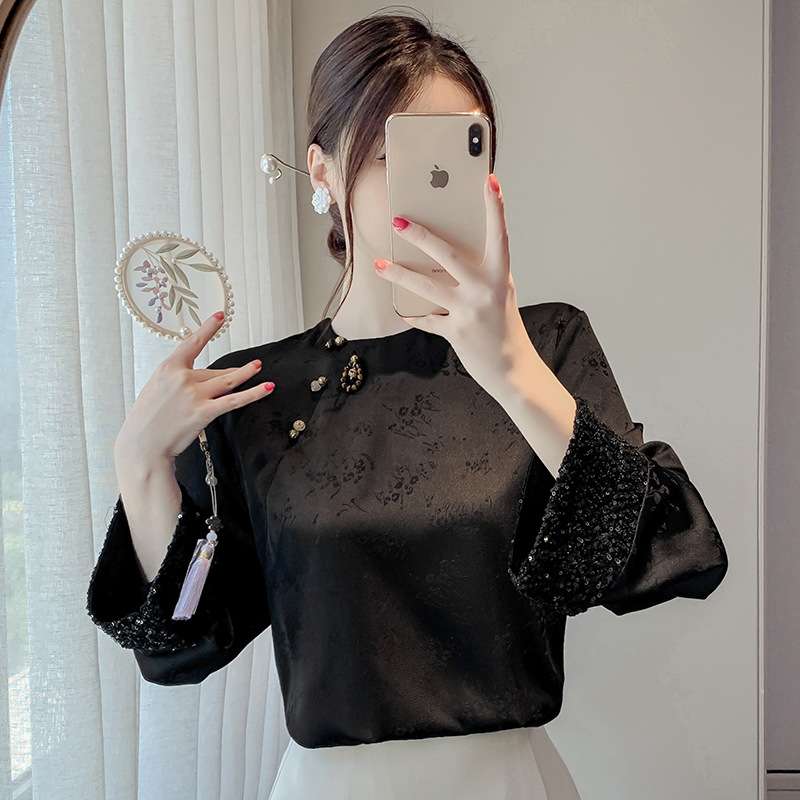 チャイナ服 繍入りチャイナボタン袖切替ブラウス