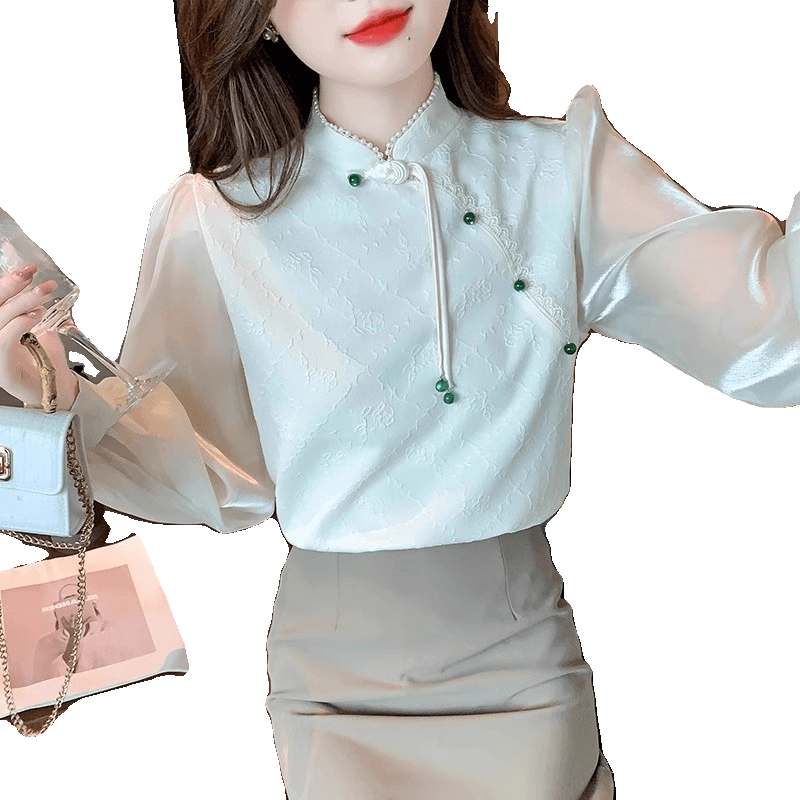 チャイナ服  刺繍入りシフォンチャイナカラーブラウス
