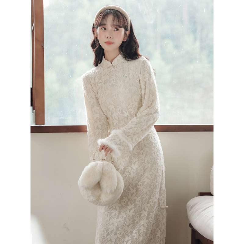 チャイナ服 チャイナカラーレース長袖ドレス