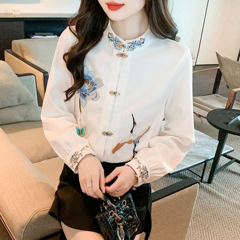 チャイナ服  刺繍入り花鳥チャイナブラウス