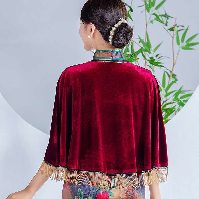 チャイ穴服 光沢別珍生地のチャイナ風ショートケープジャケット