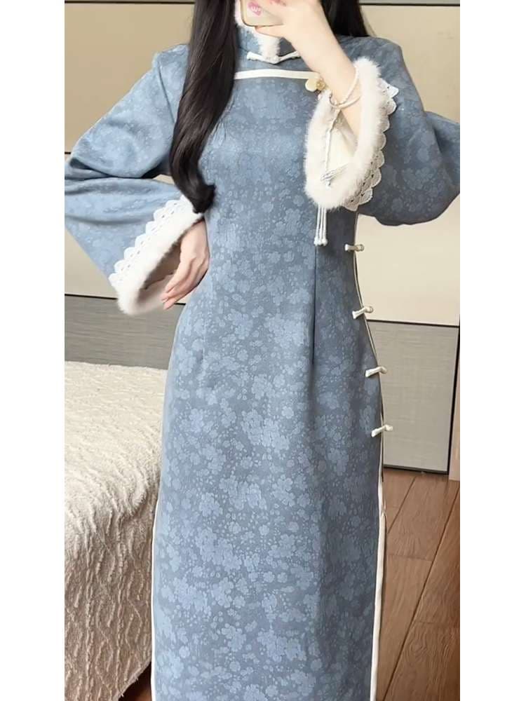 チャイナ服  モコモコ襟付きチャイナ風ワンピース