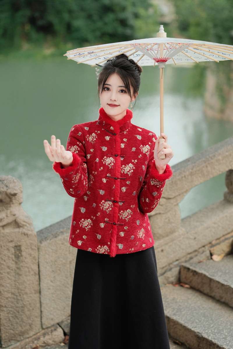 チャイナ服  花柄チャイナ襟ファーコート