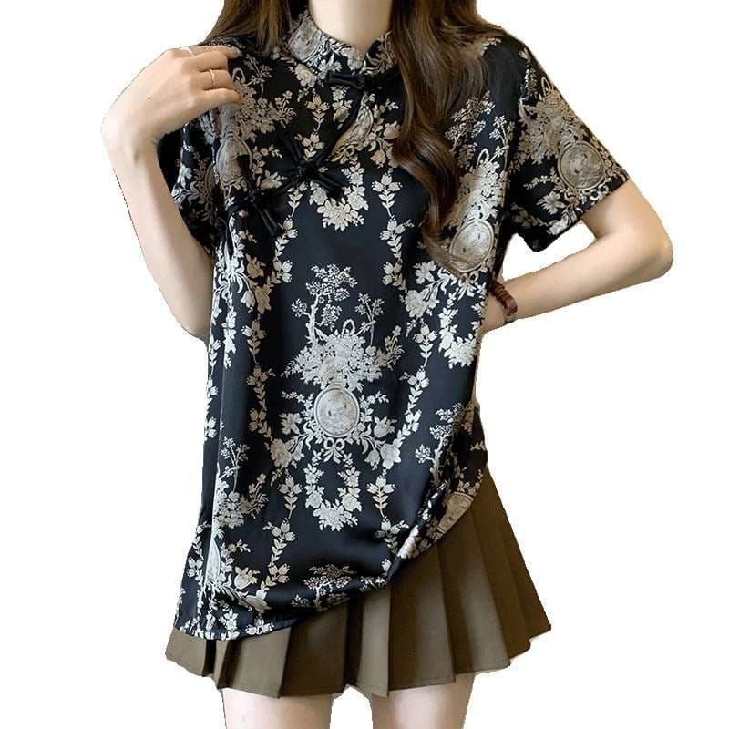 チャイナ服  優雅な花柄チャイナ風半袖シャツ