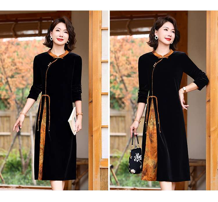 チャイナ服 優雅な東洋風ベルベットワンピース