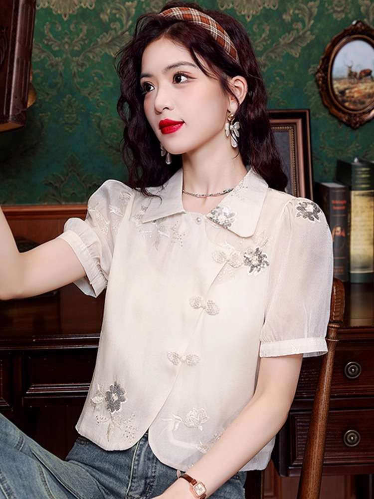 チャイナ服  刺繍入りチャイナ風半袖ブラウス