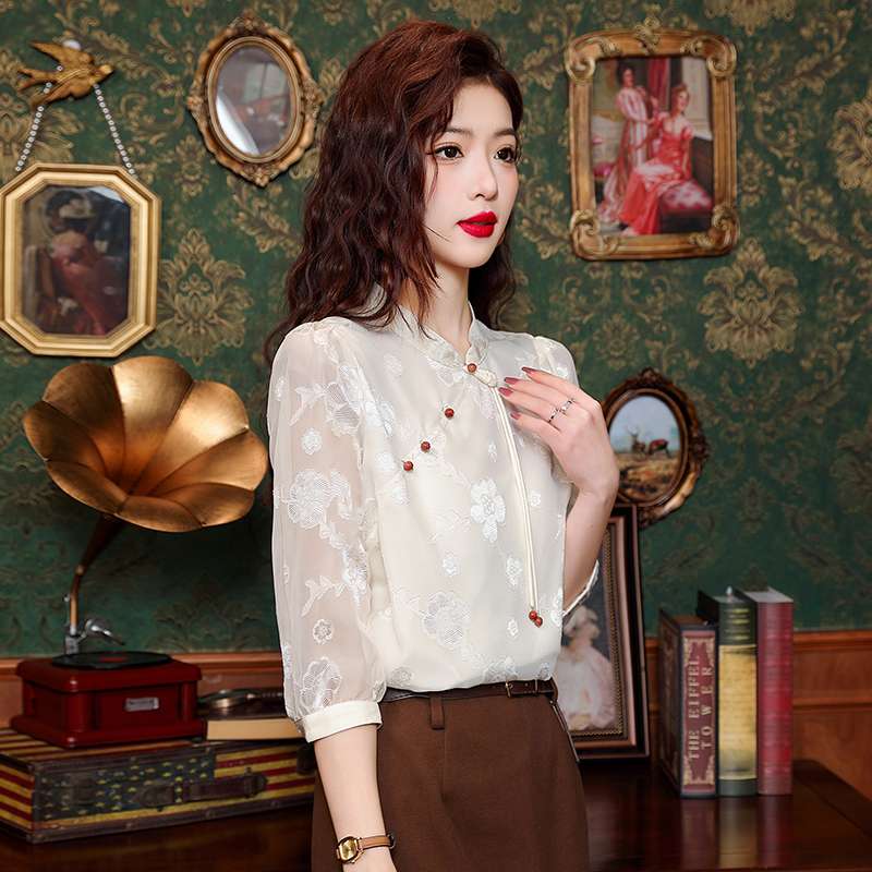 チャイナ服  花柄刺繍チャイナ風シフォンブラウス