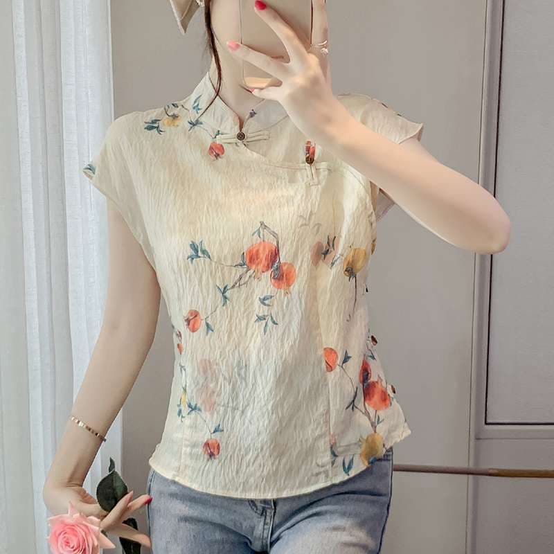 チャイナ服  花柄チャイナカラー半袖ブラウス