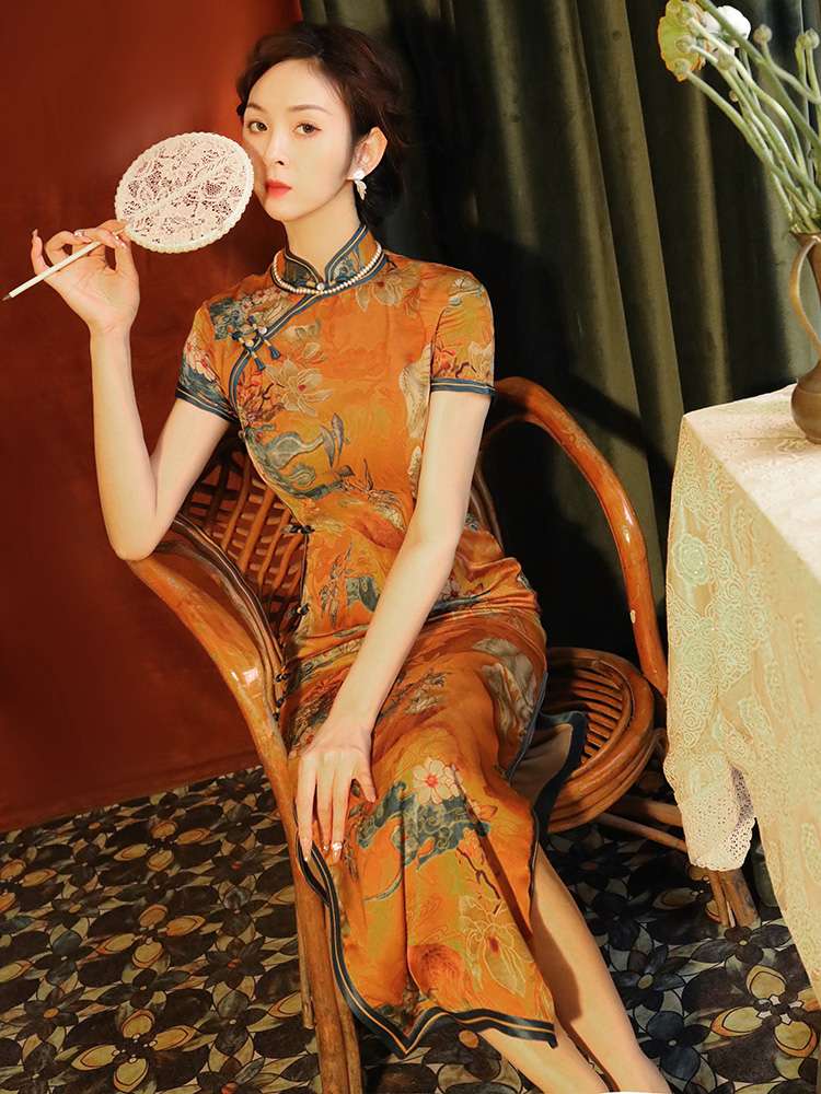 チャイナ服 花鳥図柄入りロング丈チャイナドレス