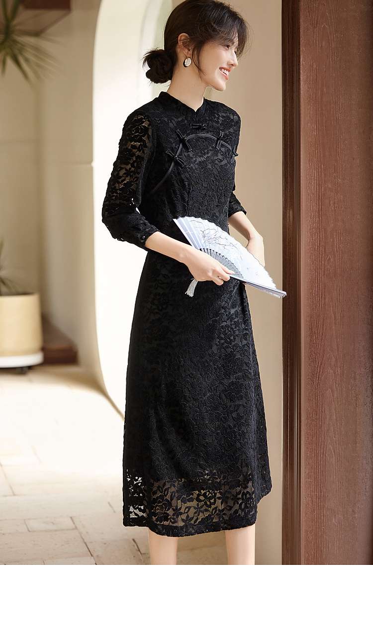 総レース仕立て七分袖チャイナ風ワンピース