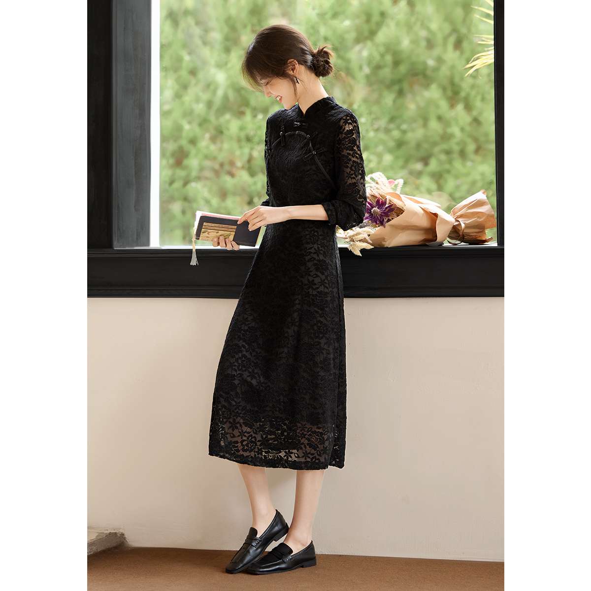 総レース仕立て七分袖チャイナ風ワンピース