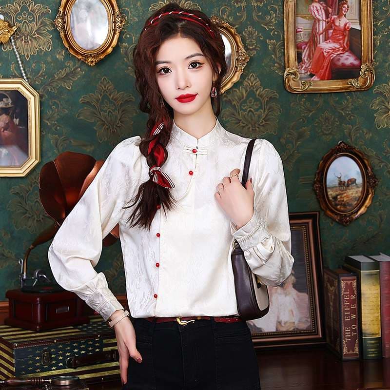 チャイナ服  レトロ風チャイナボタン長袖ブラウス