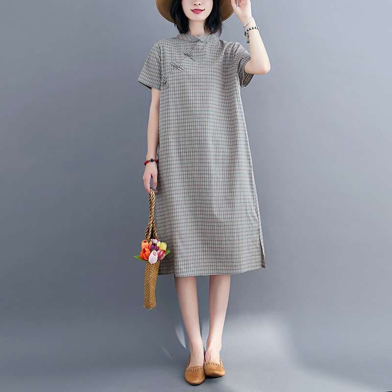 チャイナ服  チャイナ風チェック柄ゆったりワンピース