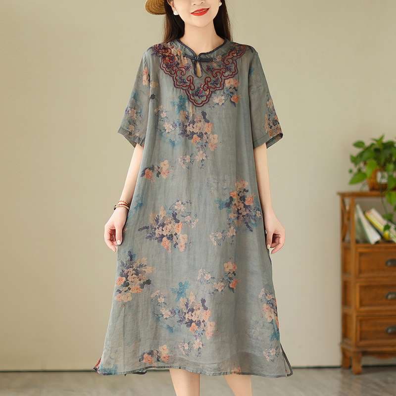 チャイナ服  花柄刺繍チャイナカラーリネンワンピース